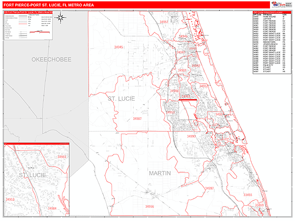 Fort Pierce-Port St. Lucie Metro Area Zip Code Wall Map